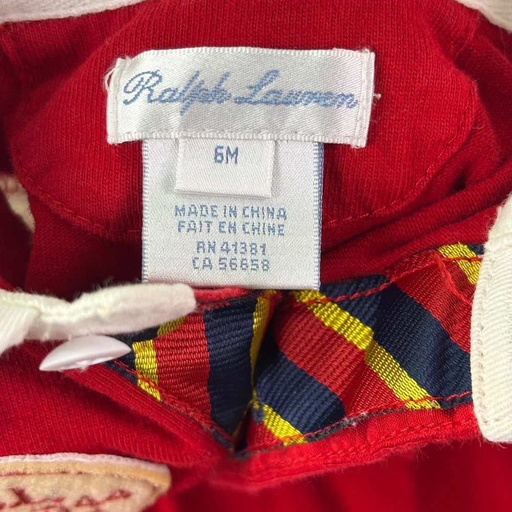 Ralph Lauren Baby One Piece Romper Sz 6M Red‎ White Varsity Patch Long Sleeve
